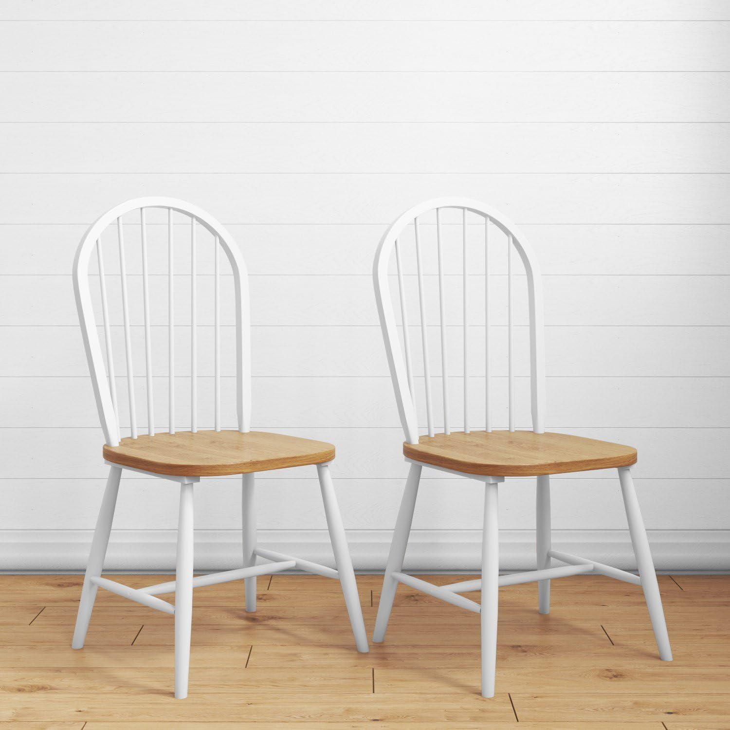 Rhode Island Pair of Windsor Dining Chairs in White with Wooden Seat