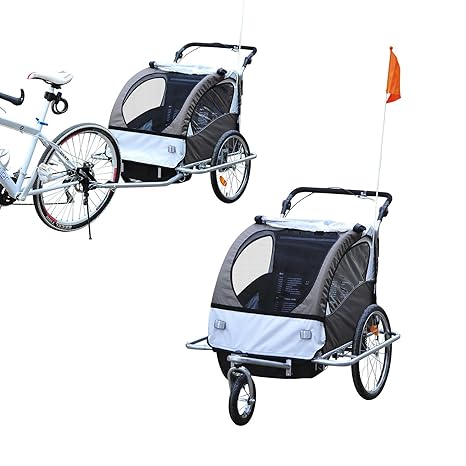 HOMCOM 360° Drehbar Kinderanhänger 2 in 1 Fahrradanhänger Jogger Creme + Kaffeebraun
