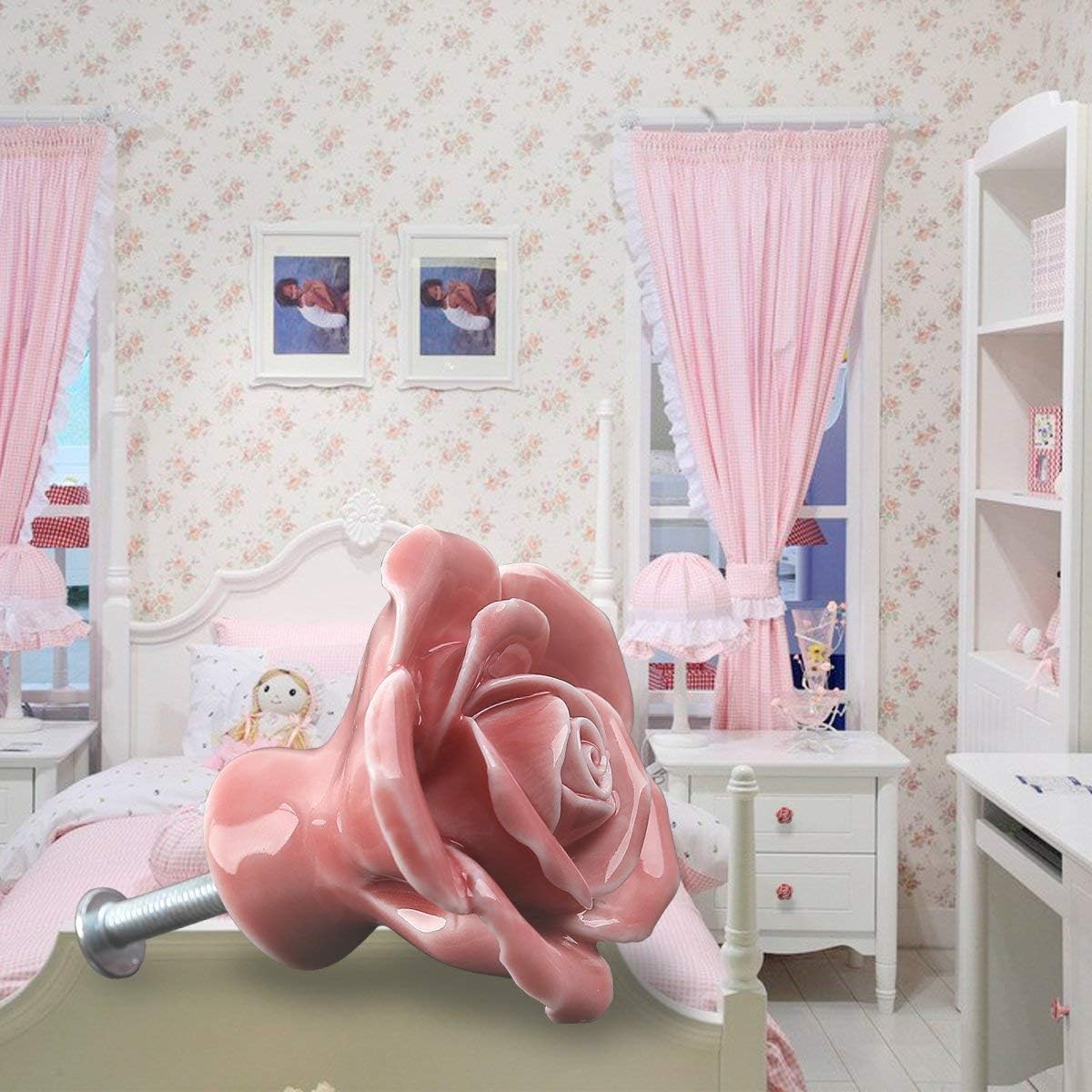 Knobs, 8Pcs Elegant Pink Rose Pulls Flower Ceramic Cabinet Knobs Cupboard Drawer Pull Handles + Screws, Pink,rose - Image 3