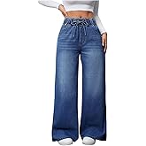GORGLITTER Women's Baggy Wide Leg Jeans Elastic High Waisted Denim Pants Casual Bottoms with Pockets Dark Wash Medium