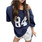 RoseSeek Girl's Off The Shoulder Tops Number Graphic Jersey Shirts Short Sleeve Oversized T Shirts Y2k Tops