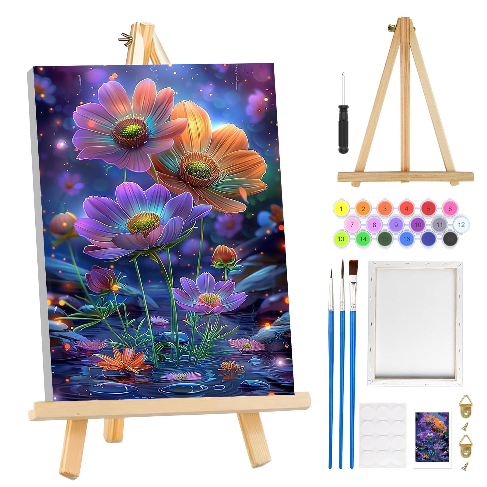 MOGTAA Framed Paint by Numbers for Adults Flowers with Wooden Easel, Flowers Landscape Painting by Numbers for Adults on Canvas, DIY Acrylic Oil Painting Kits Art Crafts for Home Decor, 8x12in