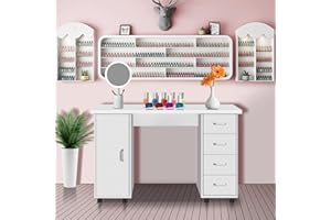 SSLine Manicure Nail Table Station with Wheels,Manicure Table Nail Beauty Spa Salon Desk Workstation w/4 Drawers,1 Cabinet,Nail Art Desk Workstation