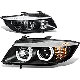 DNA MOTORING HL-3D-E9005-BK Black 3D Halo Ring Headlights High Low Beam with Amber Turn Signals Compatible with 06-08 BMW 323i / 05-08 325i 4-Door Sedan