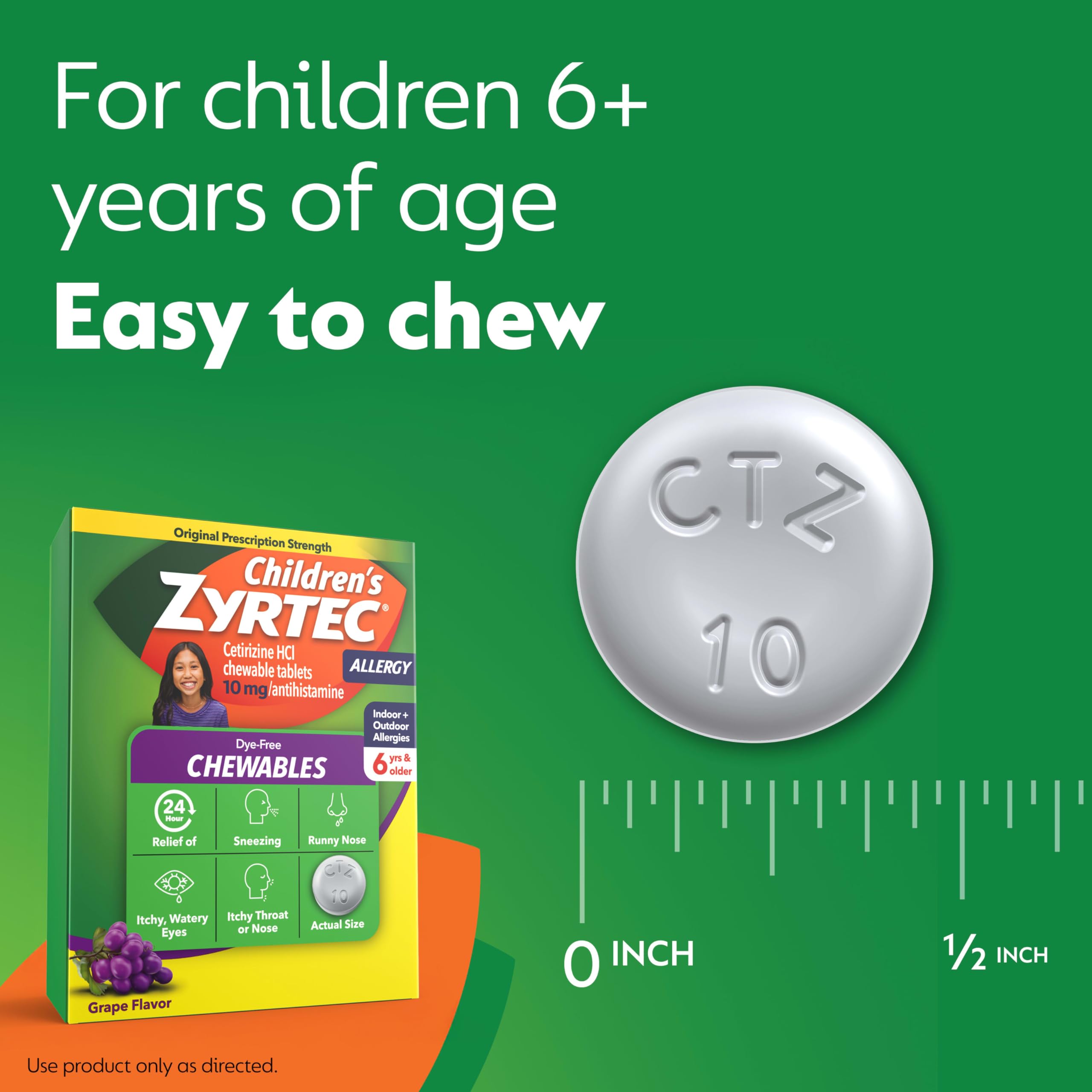 Zyrtec Children's Dye-Free Chewables for 24 Hour Allergy Relief, 10 mg Cetirizine Hydrochloride Antihistamine Tablets, Kids Allergy Medicine Relieves Sneezing & Itchy Throat, Grape, 24 ct