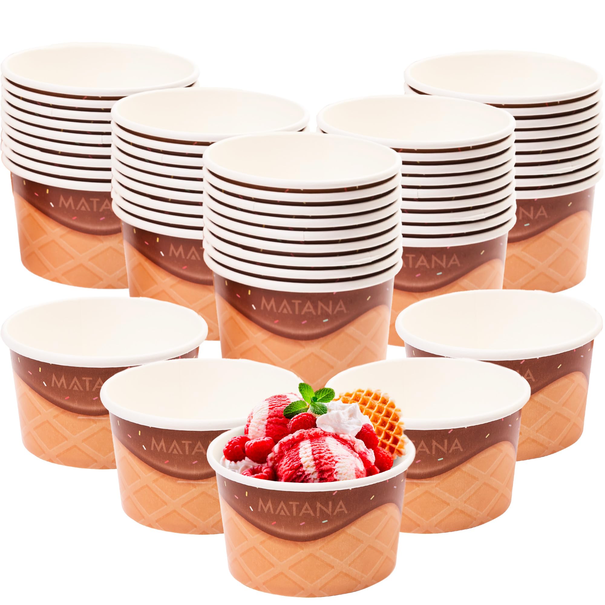 MATANA 50 Paper Ice Cream Tubs (240ml) – Icecream Cone Design - Disposable Dessert Cups, Dessert Pots - Sturdy, Leak-Resistant & Recyclable Cardboard