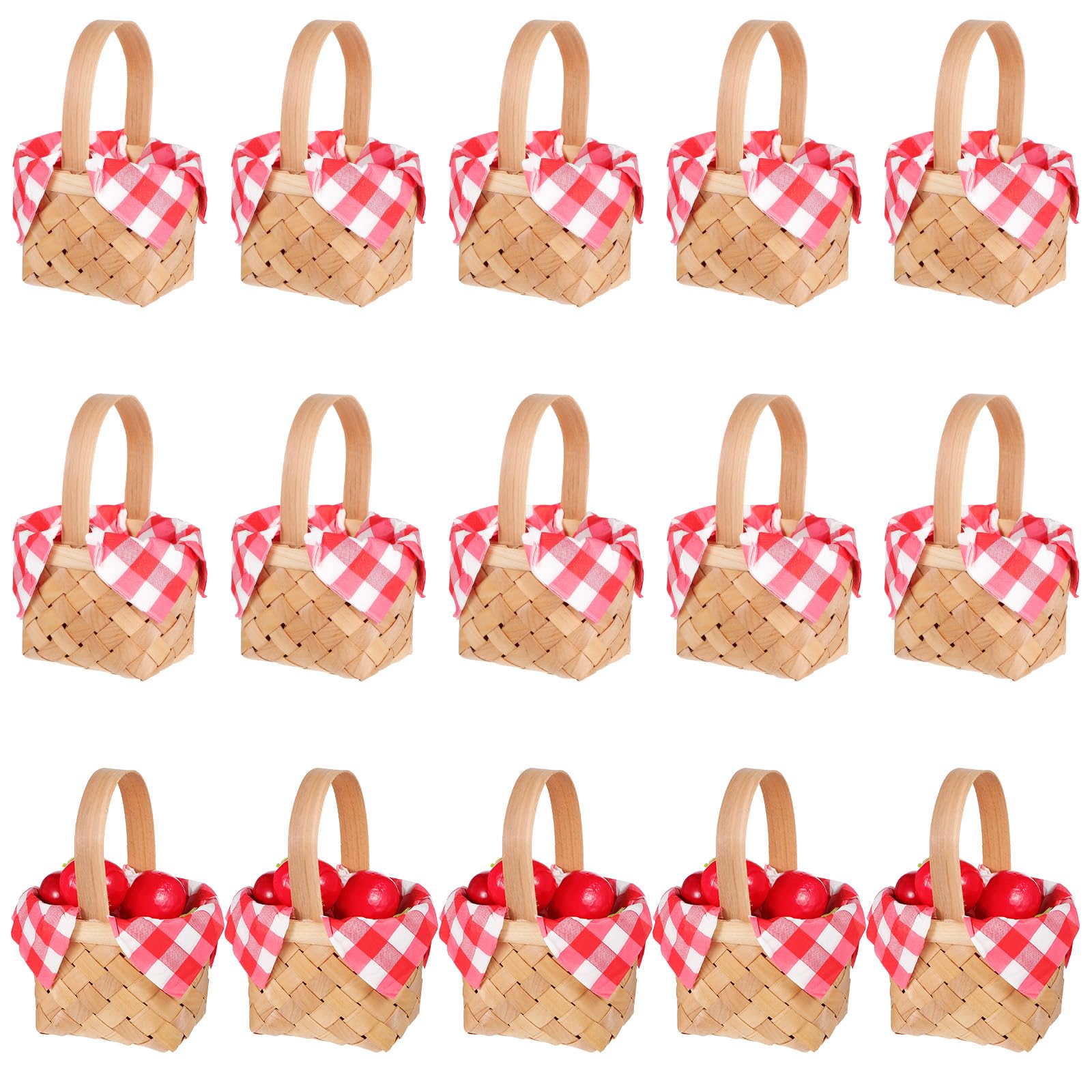 Photo 1 of 15 Pcs Mini Woven Baskets with Handles, 40 Sheets Red and White Gingham Paper Napkins(2 Sizes) Wood Chip Farmhouse Decor, Wedding Party Favors, Craft Storage, Picnic Fruit Flower Basket Gift