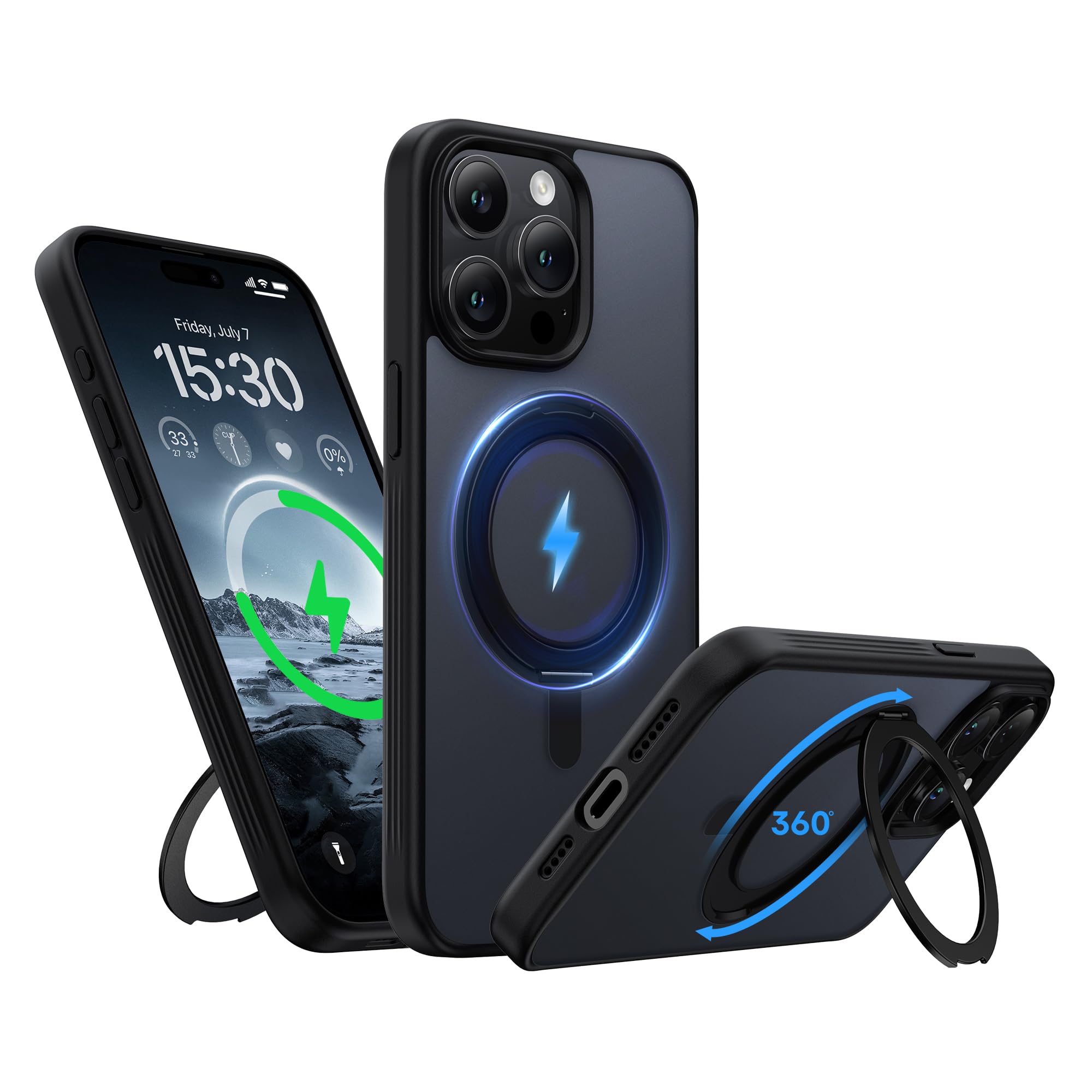 Niunisi Stand for iPhone 15 Pro Max Case, [Compatible with Mag Safe] 360° Rotatable Ring Holder Kickstand Military Shockproof Protective Case for iPhone 15 Pro Max 6.7 Inch, Black