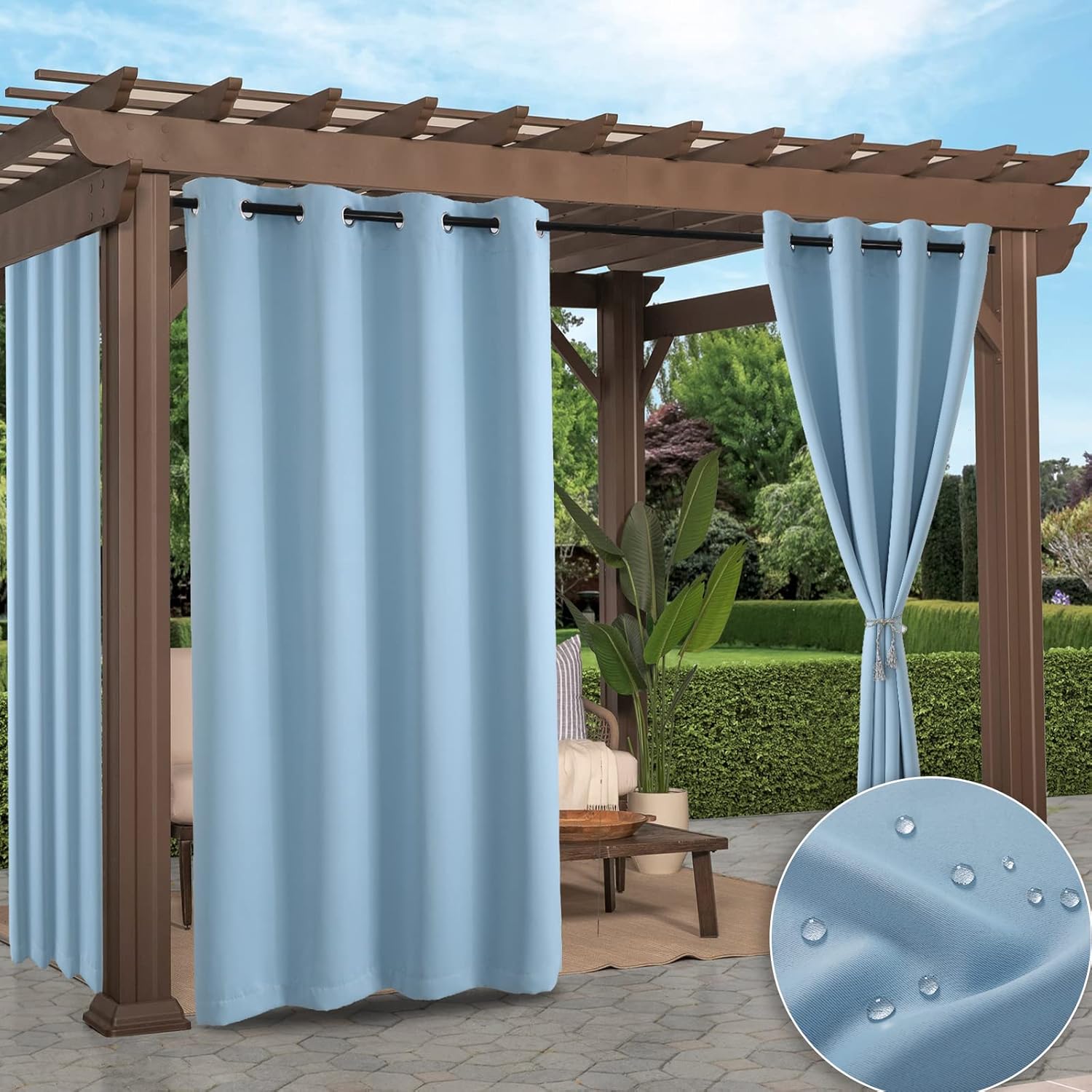 Outdoor Curtains - Joeoy 2 Panel Waterproof Blackout Outdoor Curtains for Patio, UV Blocking Thermal Insulated Grommet Top Outdoor Curtains, Keep Privacy for Gazebo, Porch, Pergola, Arbor, W 52 x L 108 inch, Light Blue