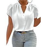 Eytino Women Plus Size Shirts Summer V Neck Petal Sleeve Business Work Dressy Blouse Tops(1X-5X)