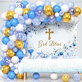 Winrayk Baptism Decorations for Boys Mi Bautizo First Communion Decorations, Blue Gold Balloon Arch God Bless Backdrop Tablecloth Kid Adult Christening Confirmation First Holy Communion Decor Supplies