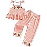 Kayotuas Toddler Girl Summer Clothes Vintage Strawberry Shortcake Baby Outfit Crochet Sleevless Ruffled Tank Top & Pants Set