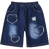 Hilinker Girls Jean Shorts Shorts Cute Ripped Elastic Waist Vintage Denim Bermuda Shorts with Pockets