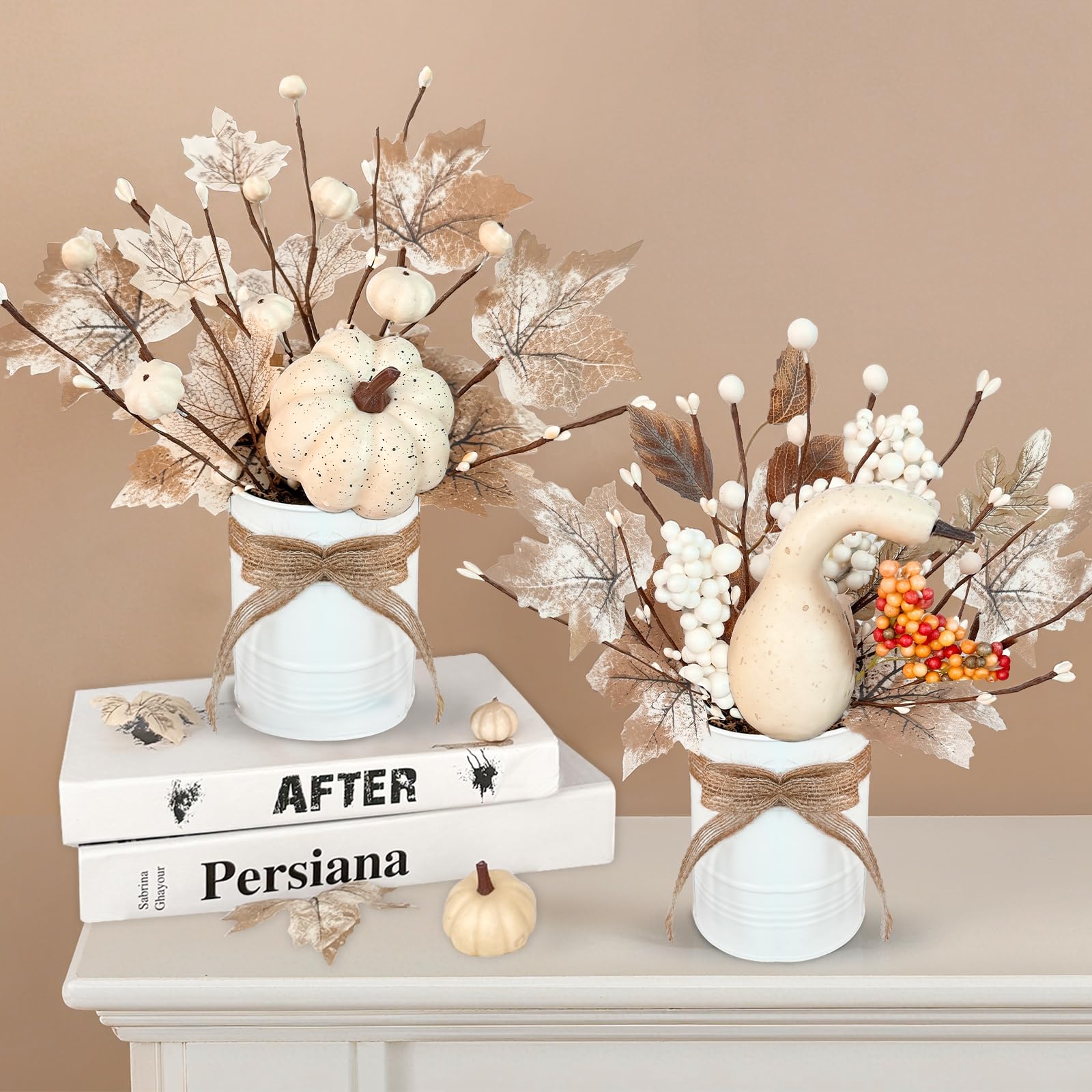 Photo 1 of 2 Pack 12" Fall Decor Fall Centerpieces for Tables Potted White Maple Arrangement in Metal Pots Neutral Rustic Artificial White Pumpkin Berried Autumn Thanksgiving Decorations for Home Kitchen Office