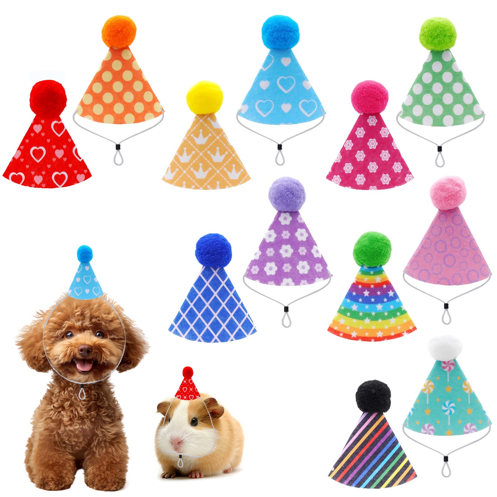 Photo 1 of 12 Pcs Colorful Mini Party Hats for Stuffed Animals, Birthday Party Felt Cone Hat for Cat Dolls Dog Rabbit Puppies Birthday Party Decorations (Colorful 12 Pcs)