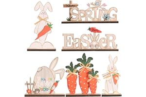 SY Super Bang Easter Wooden Table Decorations for Home, 6PCS Rustic Easter Decor Including Bunny/Carrot/Spring Sign/Easter Sign/Egg Crafts, for Holiday Farmhouse Party Centerpiece.