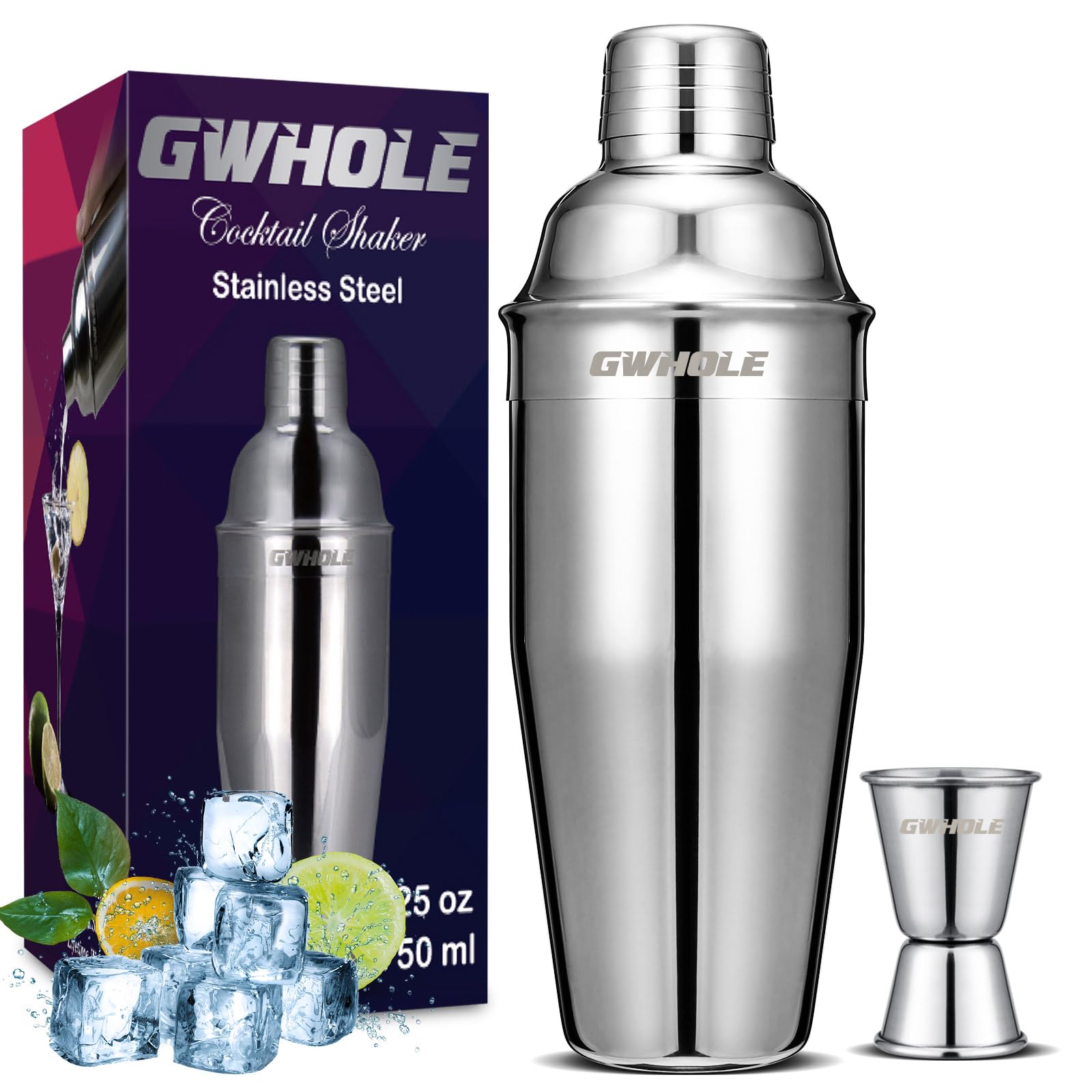GWHOLE 2 Pcs Cocktail Shaker Cocktail Making Set 750 ml with Recipes (e-Book), Built-in Strainer, Double Measurer Jigger