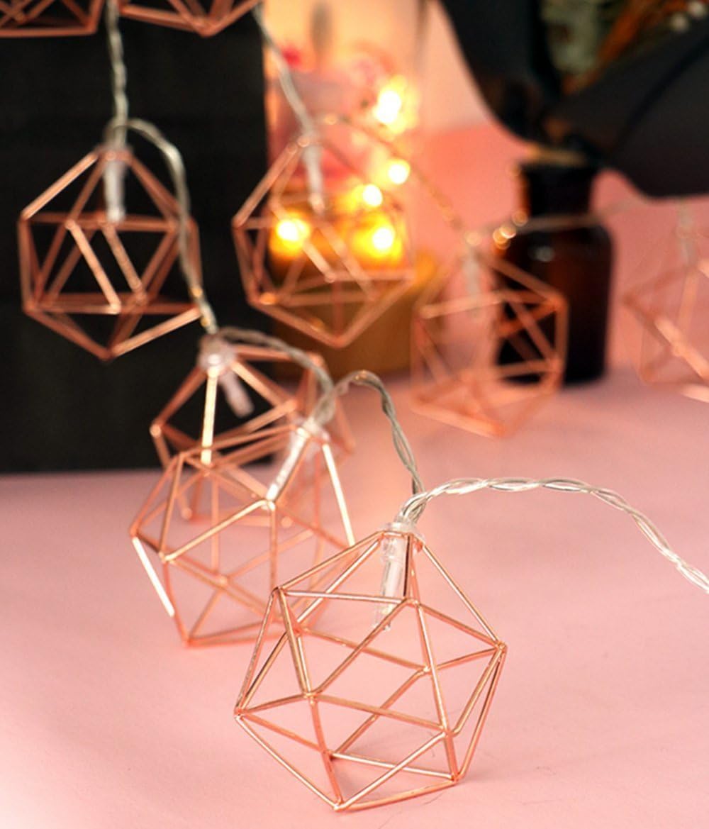 Vintage Lampshade Geometric Lights,KINGCOO 3.3M/10ft 20LED Rose Gold Metal Lantern Polygonal Battery Operated Fairy String Lights for Home Bedroom Garden Wedding Party Decoration (Warm White) - Image 3