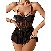 Verdusa Women's Sheer Mesh Lace Babydoll Lingerie Set Underwire Mini Dress with Thong