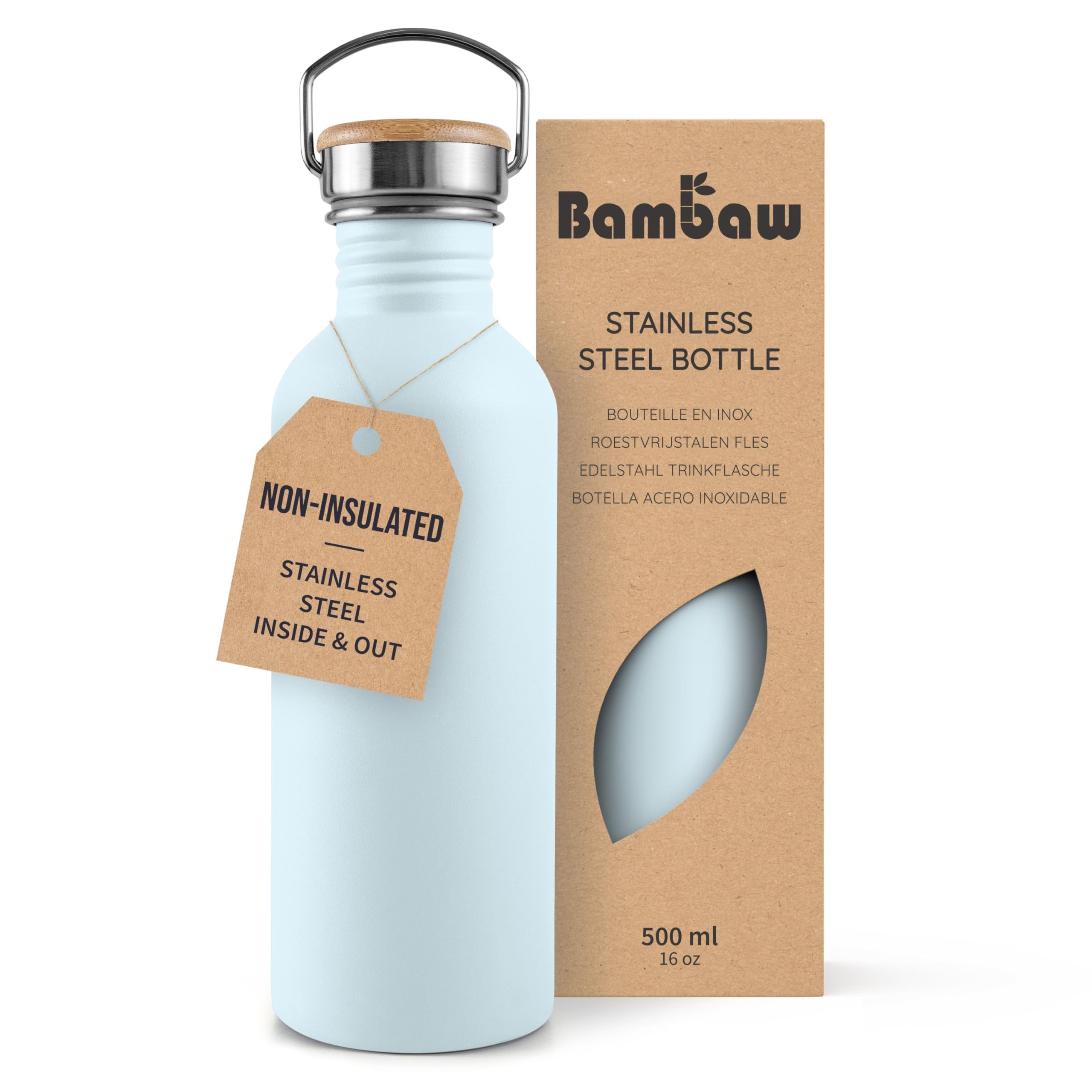 Bambaw Stainless Steel 500ml Blue Non-Insulated Metal Flask – BPA Free, Leak Proof, Reusable