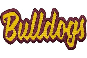 WHOLESALE APPLIQUE Bulldogs Mascot, Team Name, Embroidered, Iron on Patch (Yellow Gold Twill/Maroon Outline)