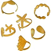 WHZAZGW 6Pcs Gold Seashell Rings for Women, Golden Adjustable Ocean Beachy Jewelry Shell Wave Starfish Rings Summer Sea Beachy Vacation Accessories Stuff Gifts for Women