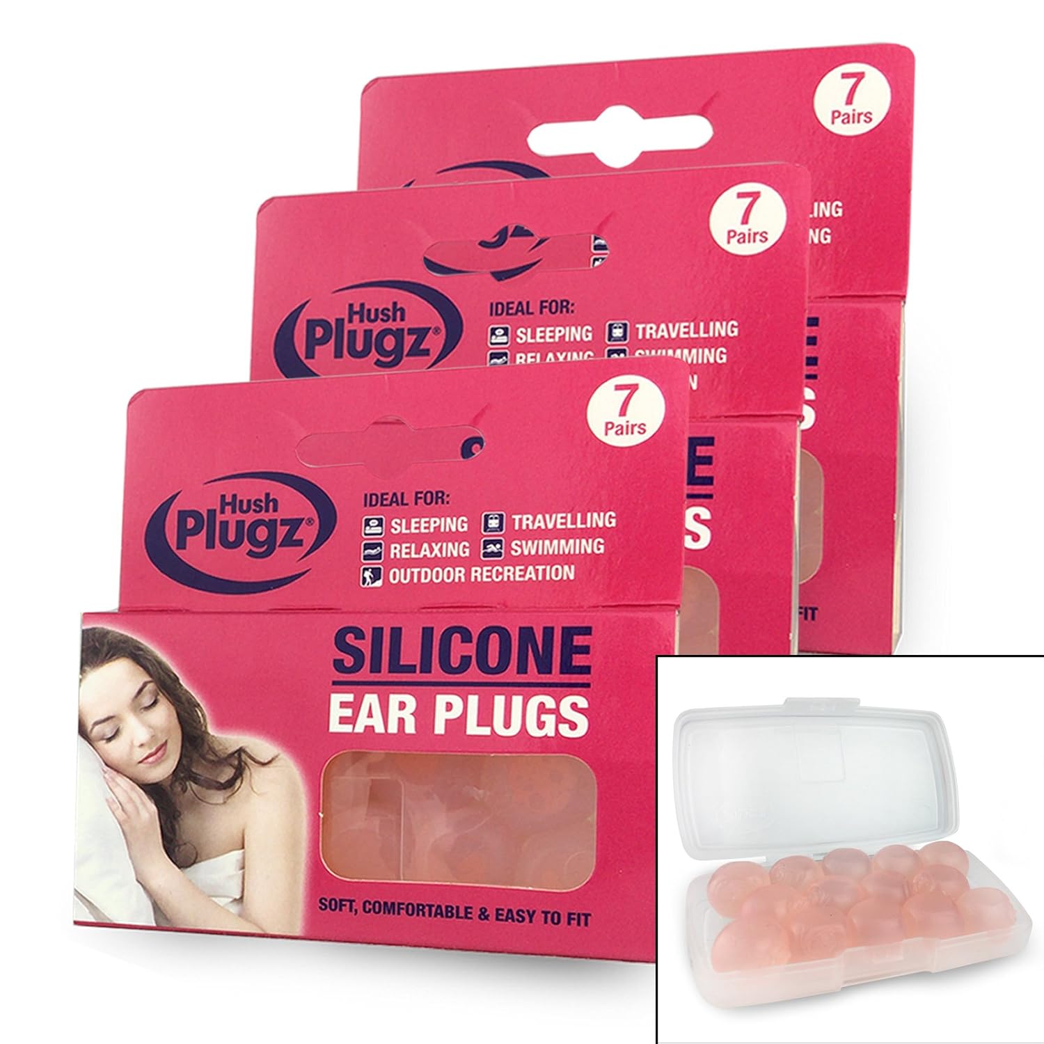 Hush 7 Pairs Plugz Silicone Earplugs Pack of 7 (3 Packs (21 Pairs