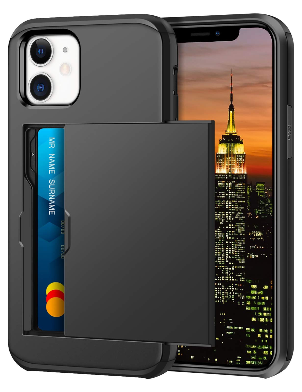 Coolden Compatible with iPhone 12 Case with Card Holder Shockproof Protective Rubber Bumper Phone Case Card Holder Slot Wallet Cover Compatible with iPhone 12/12 Pro (Black) — image 1