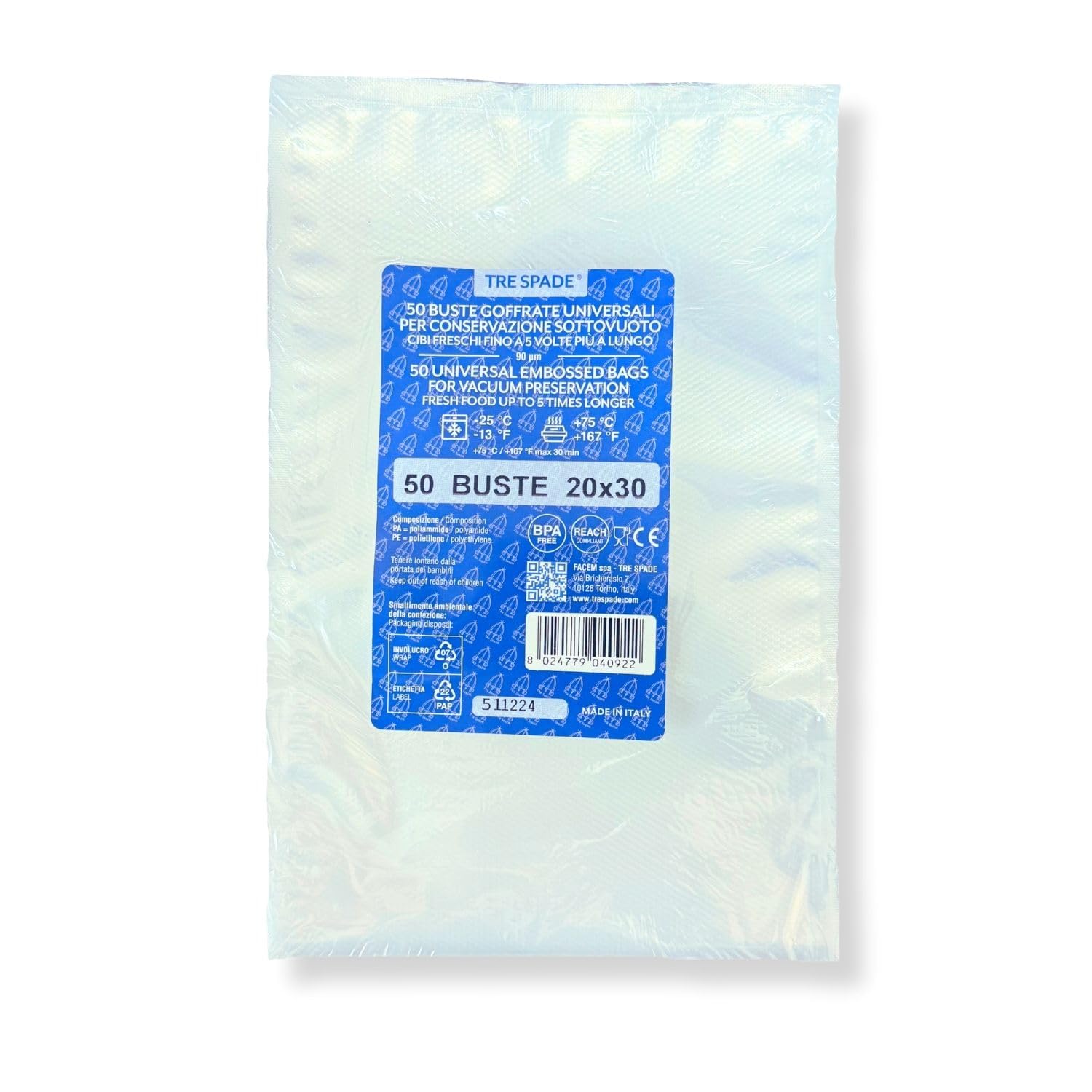 Tre Spade embossed vacuum bags, Size: 20x30cm (50 bags per pack), Textured Vacuum Sealer Bags for long lasting food preservation, (Strength: 90 microns)