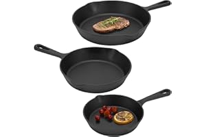 Navaris Cast Iron Skillet - 6/8/10 inch(15/20/25cm) Pre-Seasoned Frying Pan, Pour Spouts, for Oven, Stovetop, Grill & Campfir
