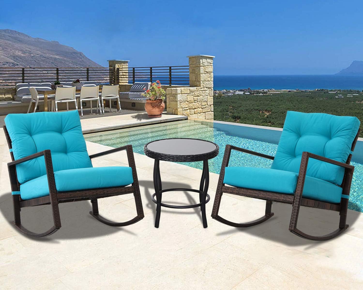 Oakmont Patio Furniture 3-Piece Rocking Wicker Bistro Set, Smooth Gliding Rocker Armchair with Glass Coffee Table with Blue Cushions