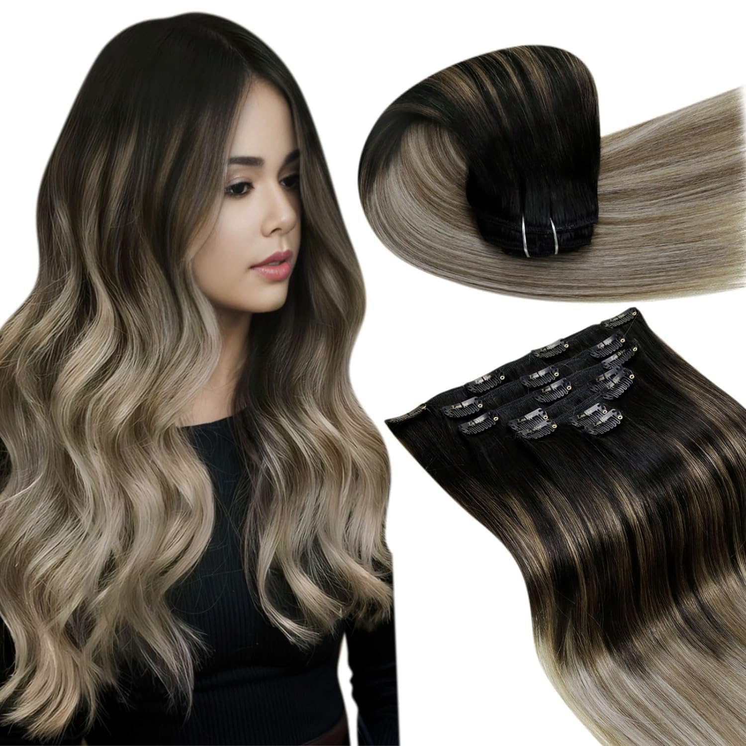 LaaVoo Clip in Hair Extensions Real Human Hair Black Hair Extensions Clip in 24 Inch 140g 7pcs Full Head Straight Balayage Light Brown & Blonde Remy Hair Double Weft #1b/8/22 — image 1