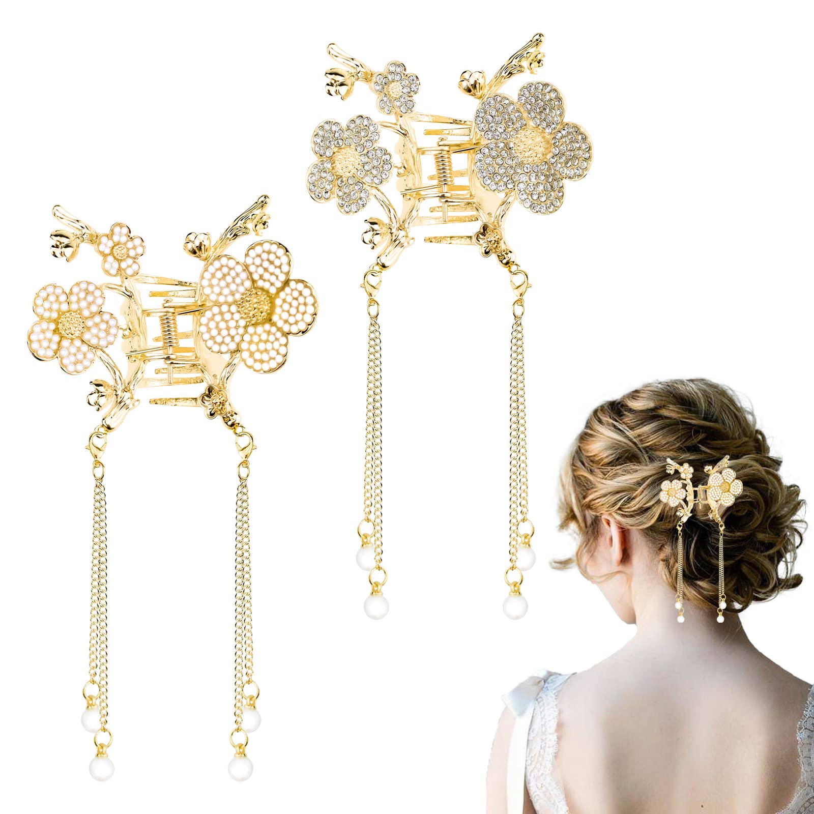 2 PACK Flower Metal Hair Clips Nonslip Medium Claw Clamp Pearl Pendant Hair Catch Barrette