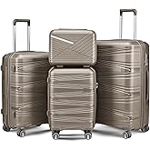 TRAVELEO 4 Piece Luggage Set PP Hardshell, Expandable Suitcase Set (20/24/28) with 14" Cosmetic Case, Lightweight Spinner Wheels with TSA Lock, Detachable Wheels for Nesting Storage (Champagne)