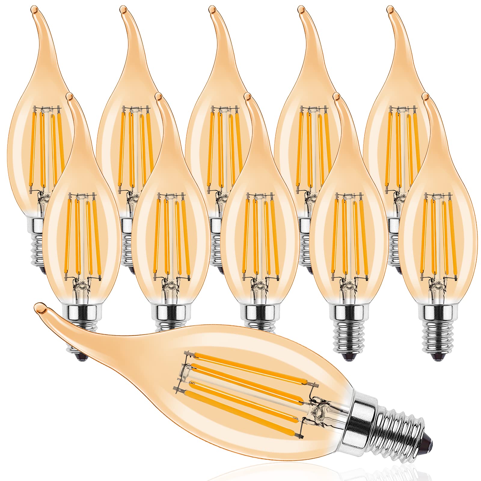 ProCrus 10 Pack E14 4W LED Dimmable Candle,C35 Vintage LED Bulbs for Chandelier,Small Edison Screw SES Filament Candle Light Bulb,2700K Warm White,Replaces 40W,400LM,Dimmable,Amber,Energy Class F