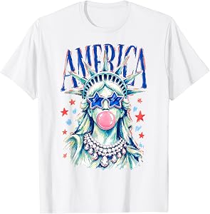 Brushstroke Statue of Liberty Blowing Bubble Gum 4th of July T-Shirt