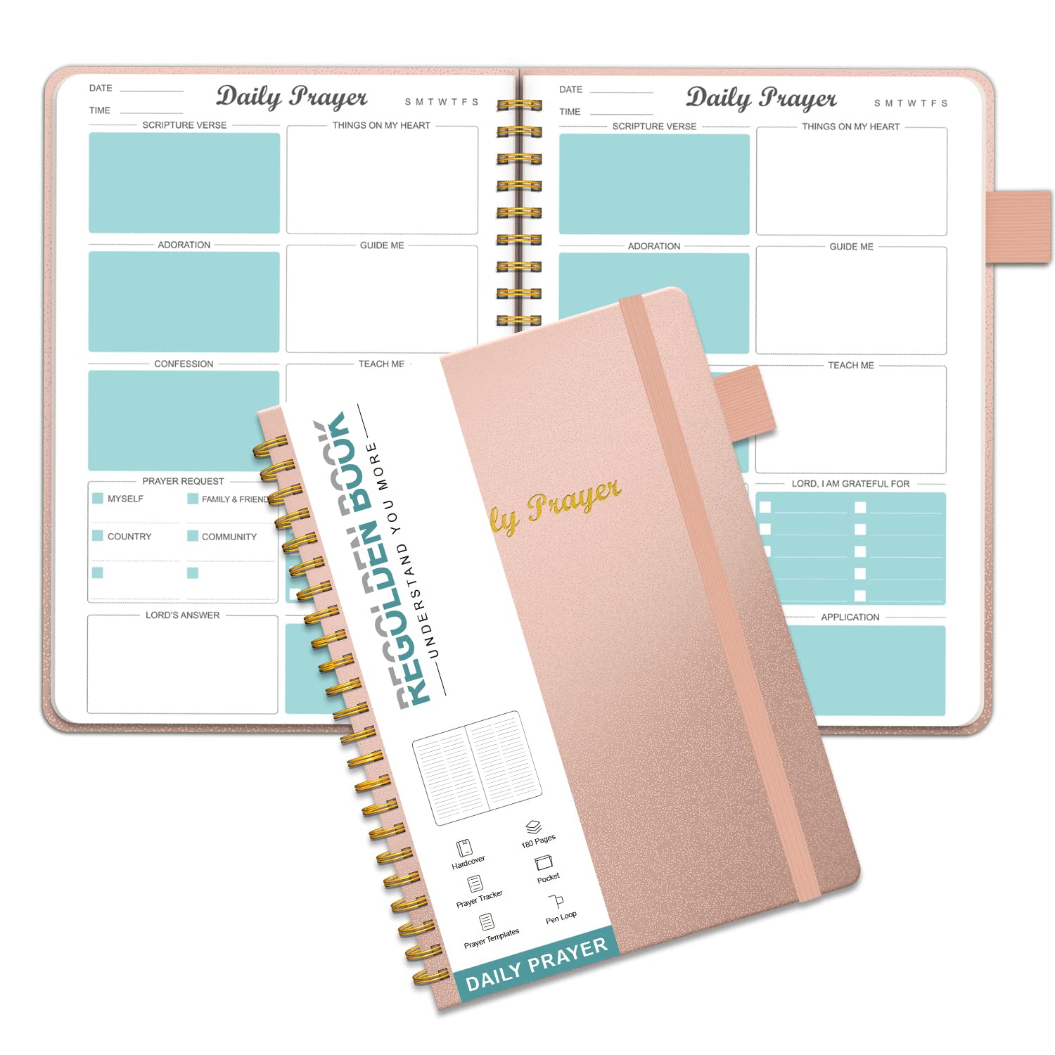 Regolden Book Prayer Journal Notebook for Men & Women - Daily Devotional, Inspirational Christian Bible Journal - 160 Pages (6x8.25), Rose Gold