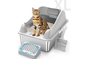 Furkid Stainless Steel Cat Litter Box with Lid, XL Extra Large Litter Box for Big Cats, High Sided Kitty Metal Pan with Pedal Filter and Scoop, Non-Sticky&Anti-Leakage Easy Cleaning Gray