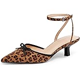 Coutgo Womens Kitten Low Heels Bow Tie Closed Pointed Toe Ankle Strap Pumps Party Wedding Dress Shoes Leopard