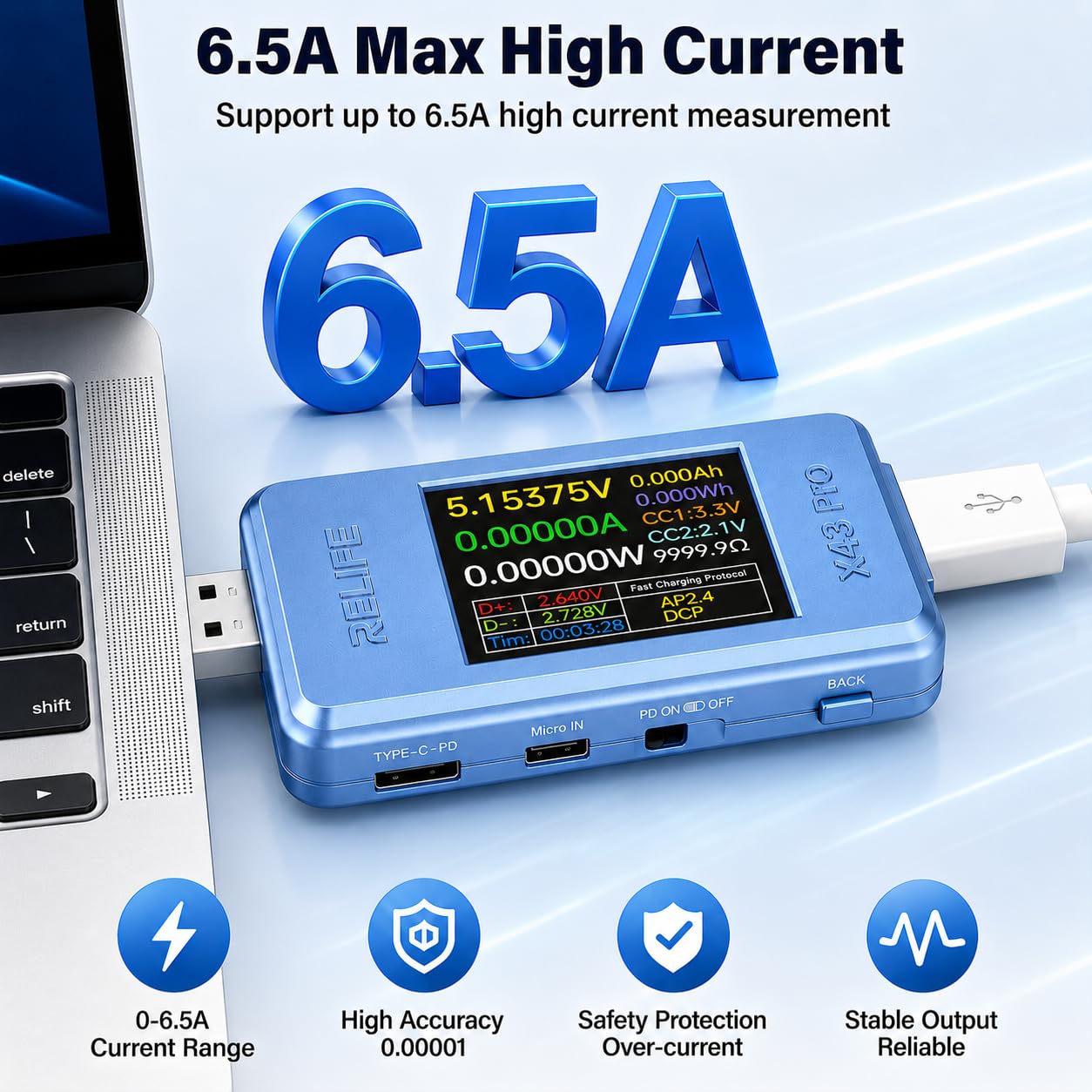 diymore USB Tester 4-24V 6,5A, USB-C Messgerät mit 1,77 Zoll TFT-Farbdisplay, Spannungs-, Strom- und Leistungsmesser, 0,00001 V/A/W, PD/QC-Erkennung, Ripple- & Kabelwiderstand-Test 4