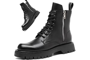 HDEBCK Men's Black Leather Platform Lace-up Combat Boots Retro Round Toe Side Zip Chunky Heel Non-Slip Lug Sole High Top Motorcycle Boots