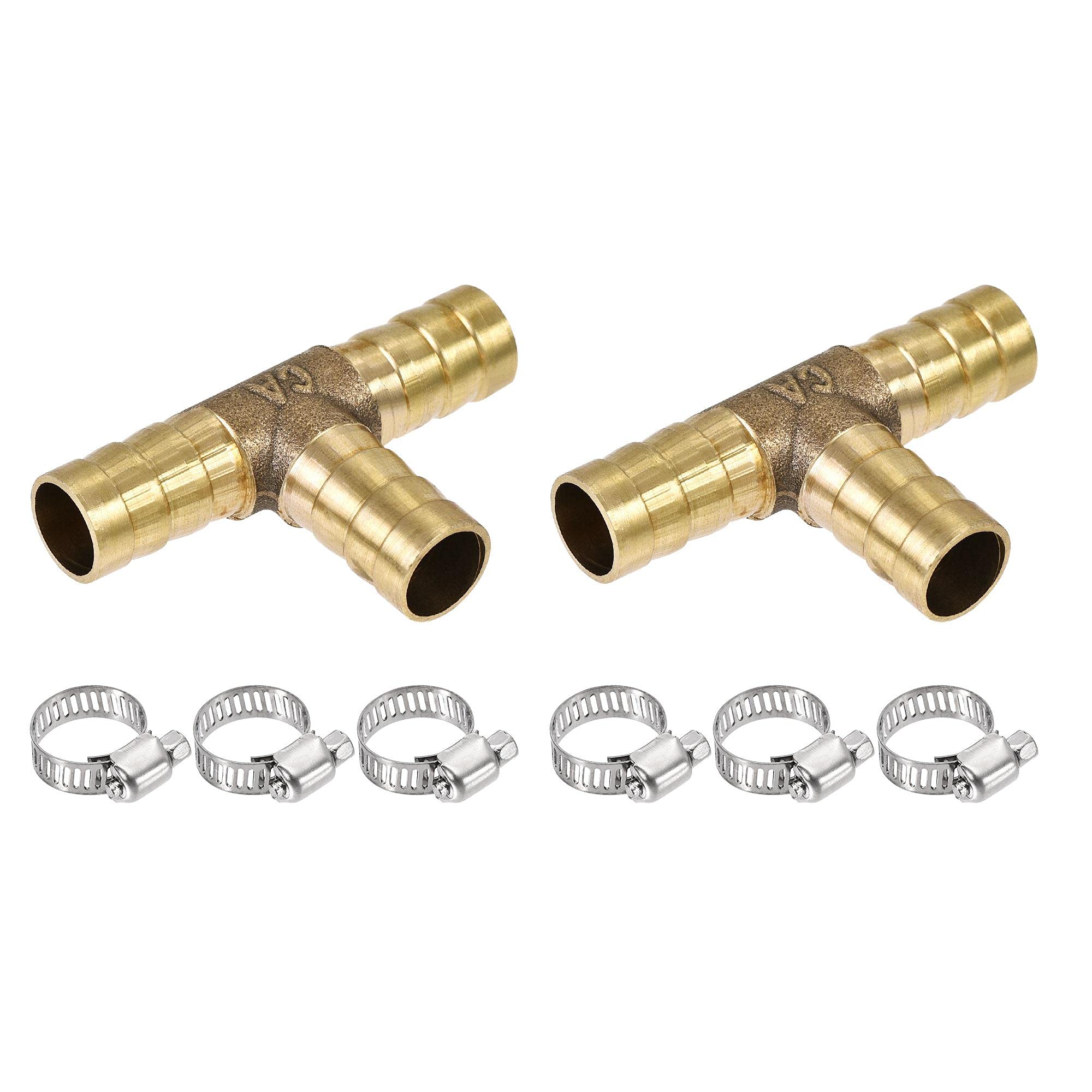 sourcing map Barb Hose Fitting 10mm OD Tee T Shape Pipe Connector Brass 2Pcs with 6Pcs 6-12mm Hose Clamps