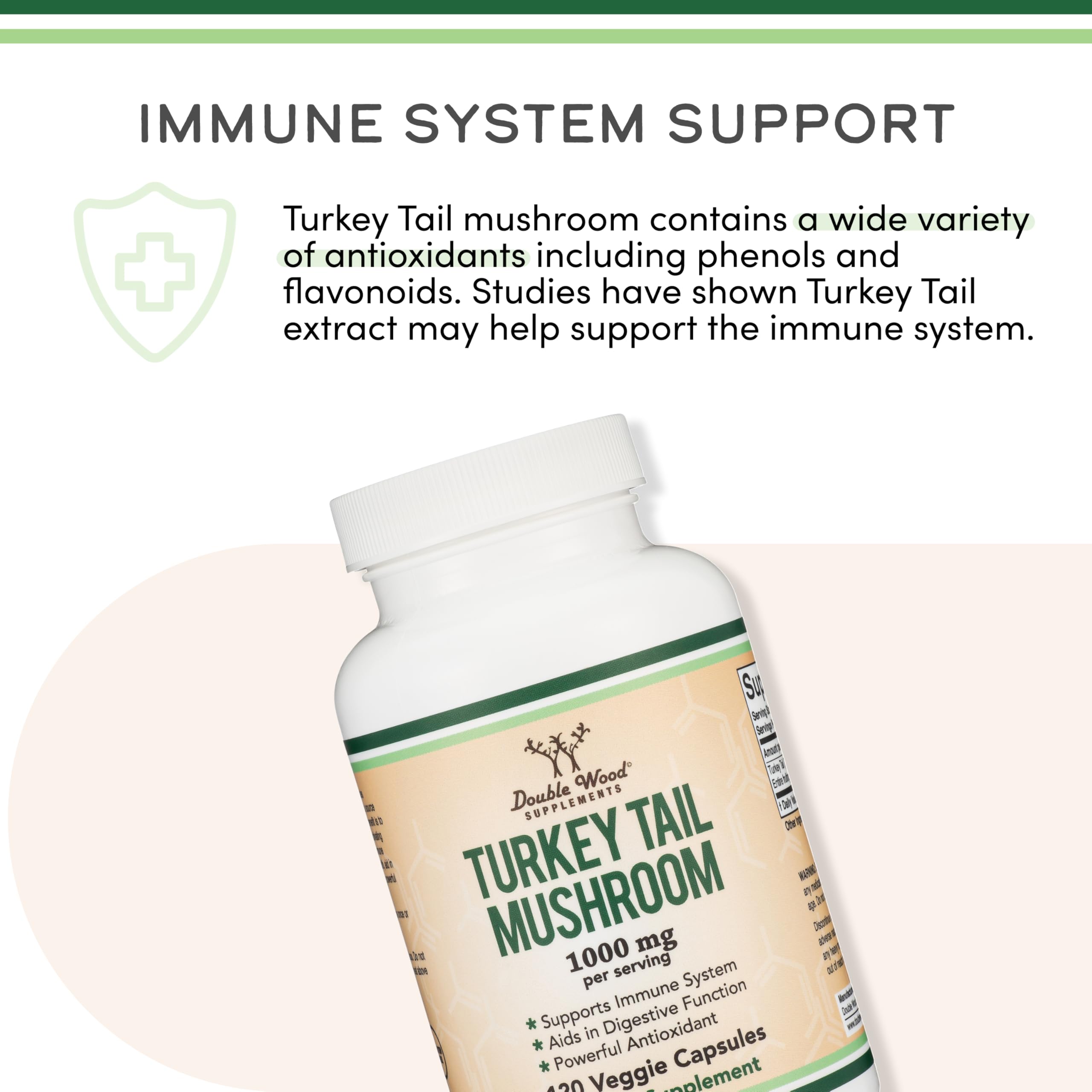 Turkey Tail Mushroom Supplement (120 Capsules - 2 Month Supply) (Coriolus Versicolor) Comprehensive Immune System Support, Non-GMO, Gluten Free, Grown and Encapsulated in The USA by Double Wood