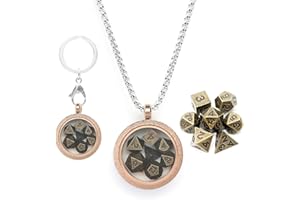 PJOY Mini Dice Set Tiny DND Dice with Necklace Rose-Gold Stainless Steel Frosted Glass Case D&D Portable 7PCS Keychain Antique Bronze Metal Dice Set for Role Playing Dice DND Gifts
