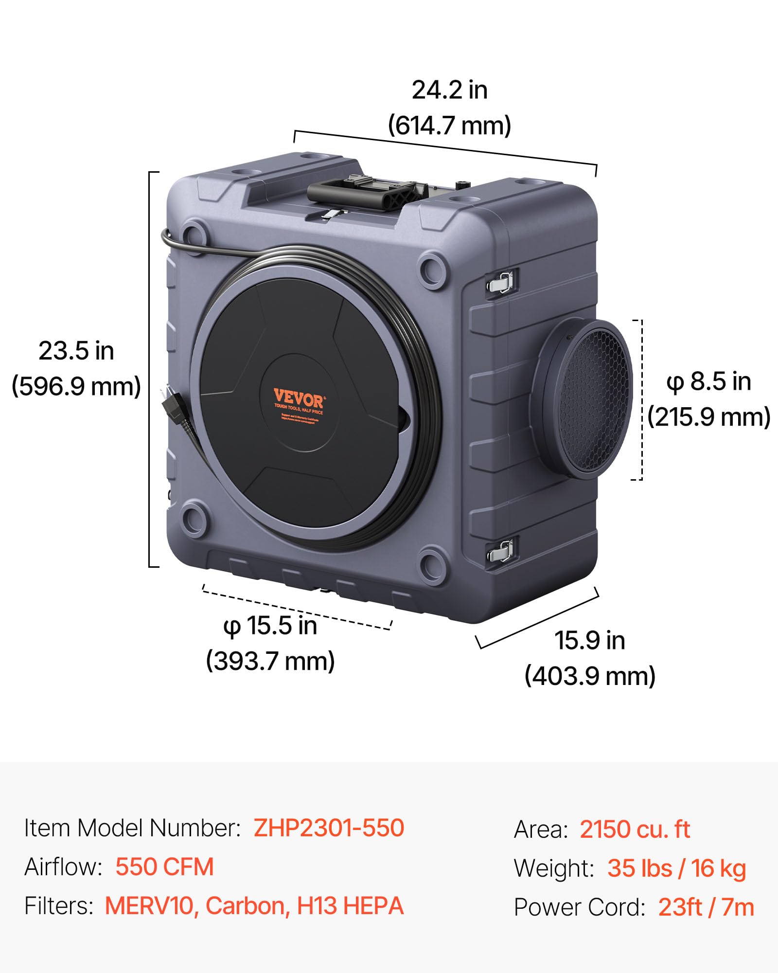 VEVOR Air Scrubber with 3-Stage Filtration, Stackable Negative Air Machine 550 CFM, Air Cleaner with MERV10, Carbon, H13 HEPA, for Home, Industrial and Commercial Use