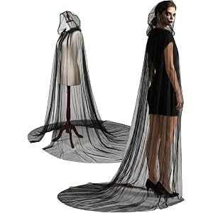 BOARDFEB Black Lace Hooded Cape for Women Long Tulle Halloween Witch Cloak | Black Tulle Cape,Sheer Gothic Full Length Cape w