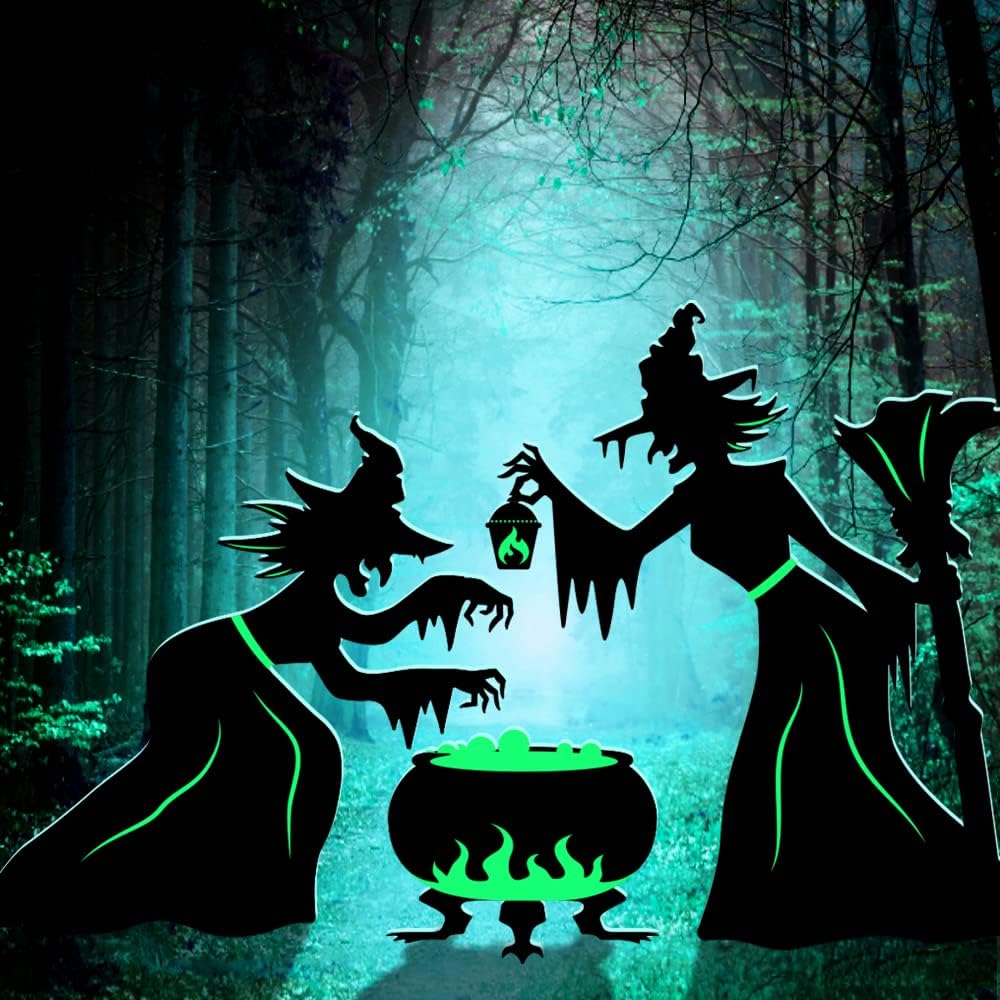 Yard Signs - Witch Halloween Decorations Outdoor, 2 Large Black Witches with Cauldron, Reflective Scary Silhouette Halloween Yard Signs with Stakes, Corrugated Plastic, Outside Yard Decor for Kids Home Lawn Party