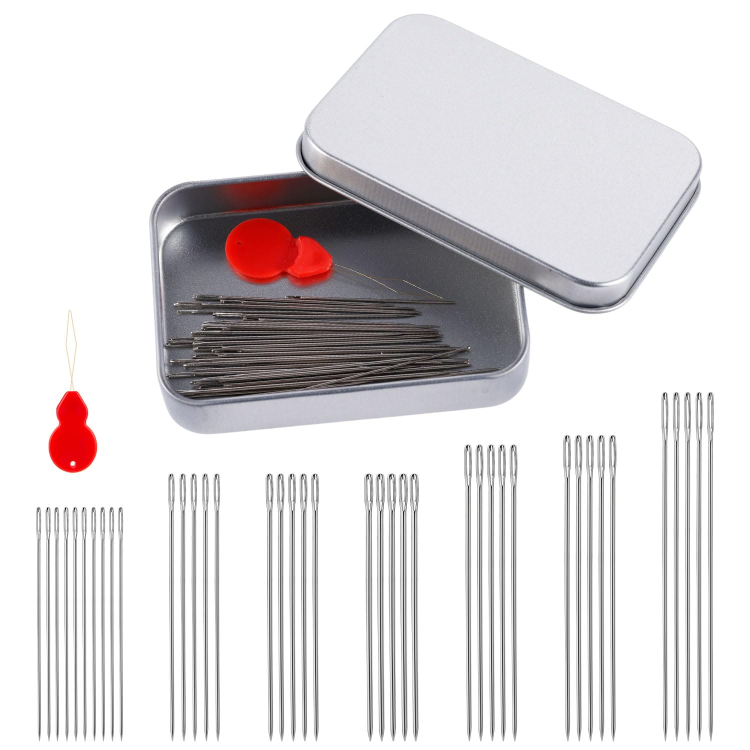 40pcs Sewing Needles Set, Large Big Eye Hand Sewing Sharp Needles 7 Sizes Stainless Steel Needles with Threader Kit Quilting Yarn Needles Embroidery Leather Needles for Hand Crafting Supplies