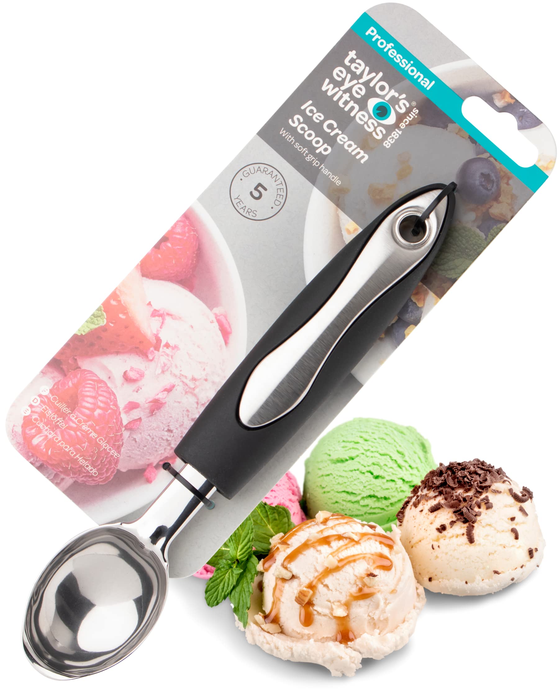 Stainless Steel Ice Cream Scoop - Sturdy, Strong Head Scooper & Black Soft Grip Handles. Perfect Dessert Spoon for Ice Cream, Cookie Dough & Other Frozen Treats. Dishwasher Safe. 5 Year Guarantee.