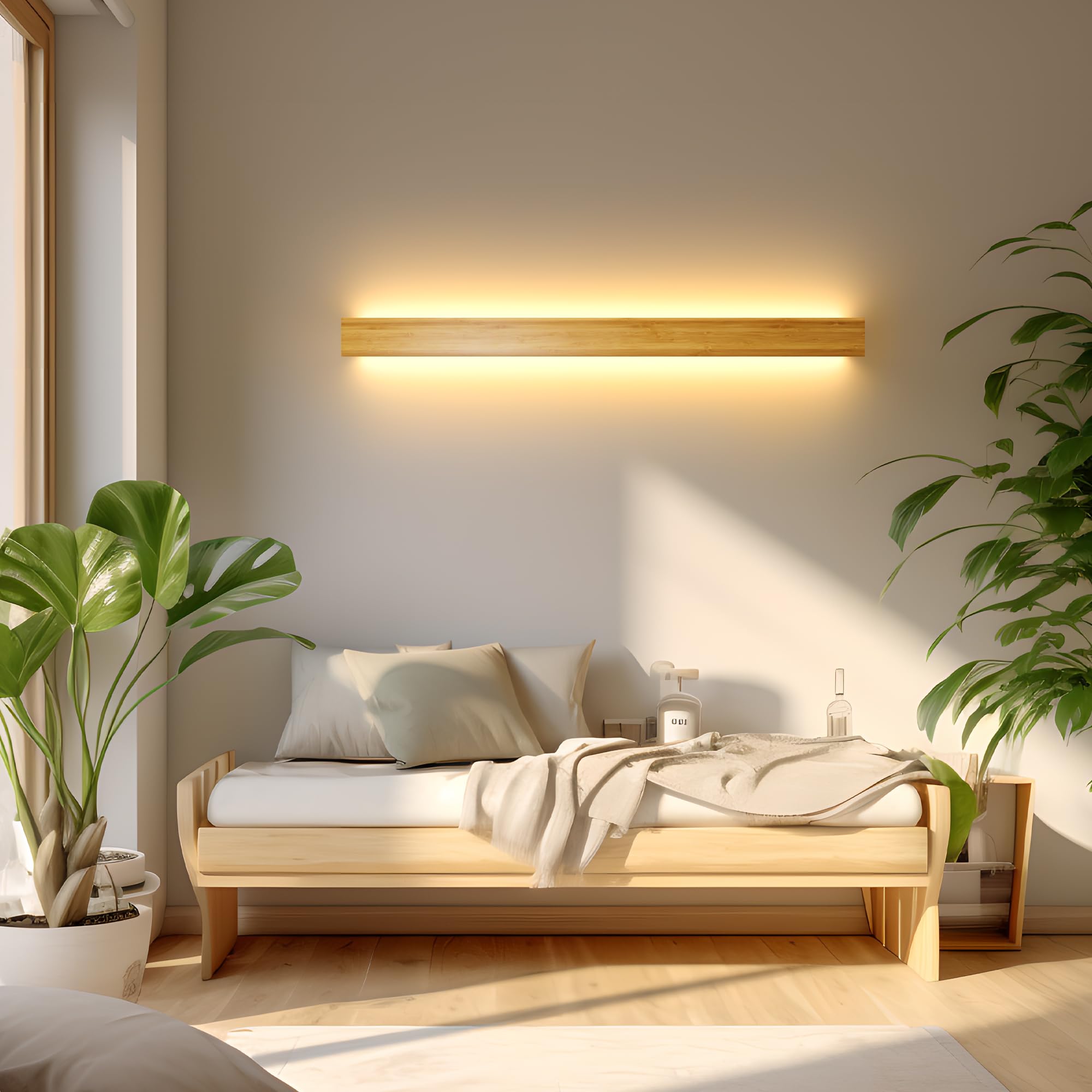 Wall Light LED Long Wall Lamp Wood Wall Lighting Fixture Natural Bamboo Wall Lights Indoor Wooden 18W 3000k Modern Wall Light For Bedroom Living Room Hallway Stair Interior Wall Sconce Lighting,60cm